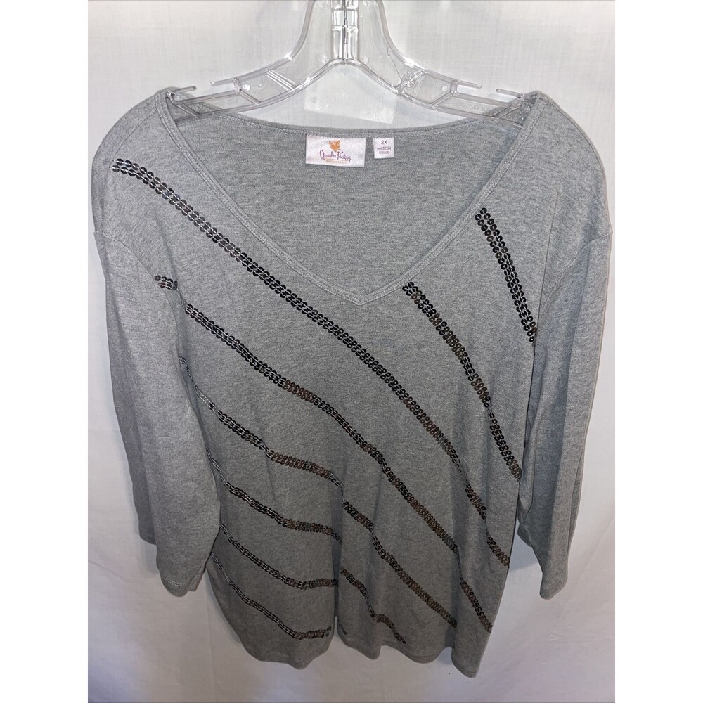 Quacker Factory Comfort Blouse Women’s Size 2X Gray Sequin Striped 3/4 Sleeve